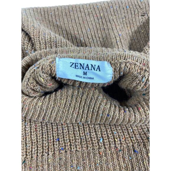 Zenana Sweater Size Medium Brown Color Flecks Open Shoulder Distressed Oversized - Picture 4 of 11